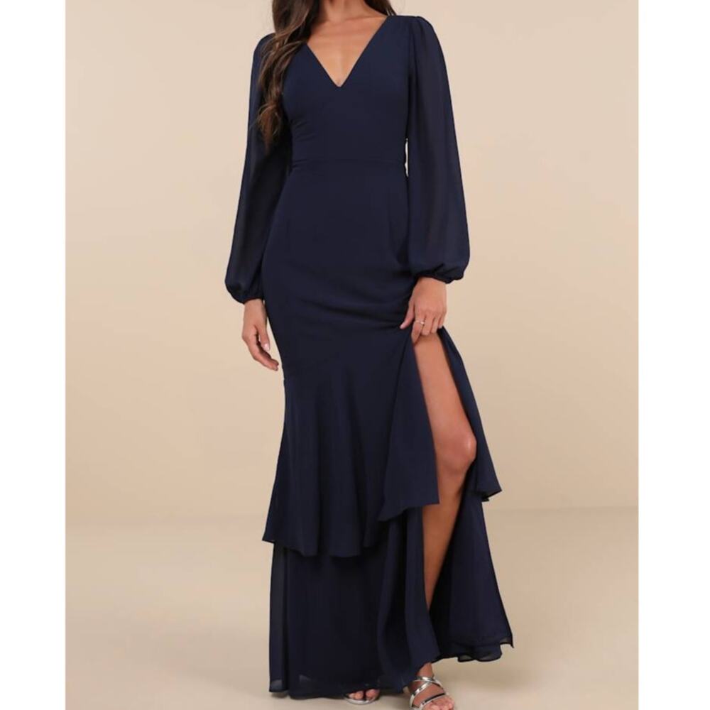 NEW Lulus Tier Elegance Navy Sheer Long Sleeve Tiered Woven Tie Maxi Dress 2X